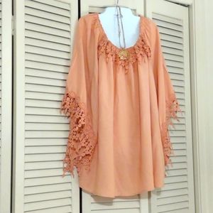 2x Melissa Paige Coral soft crocheted fringed blouse